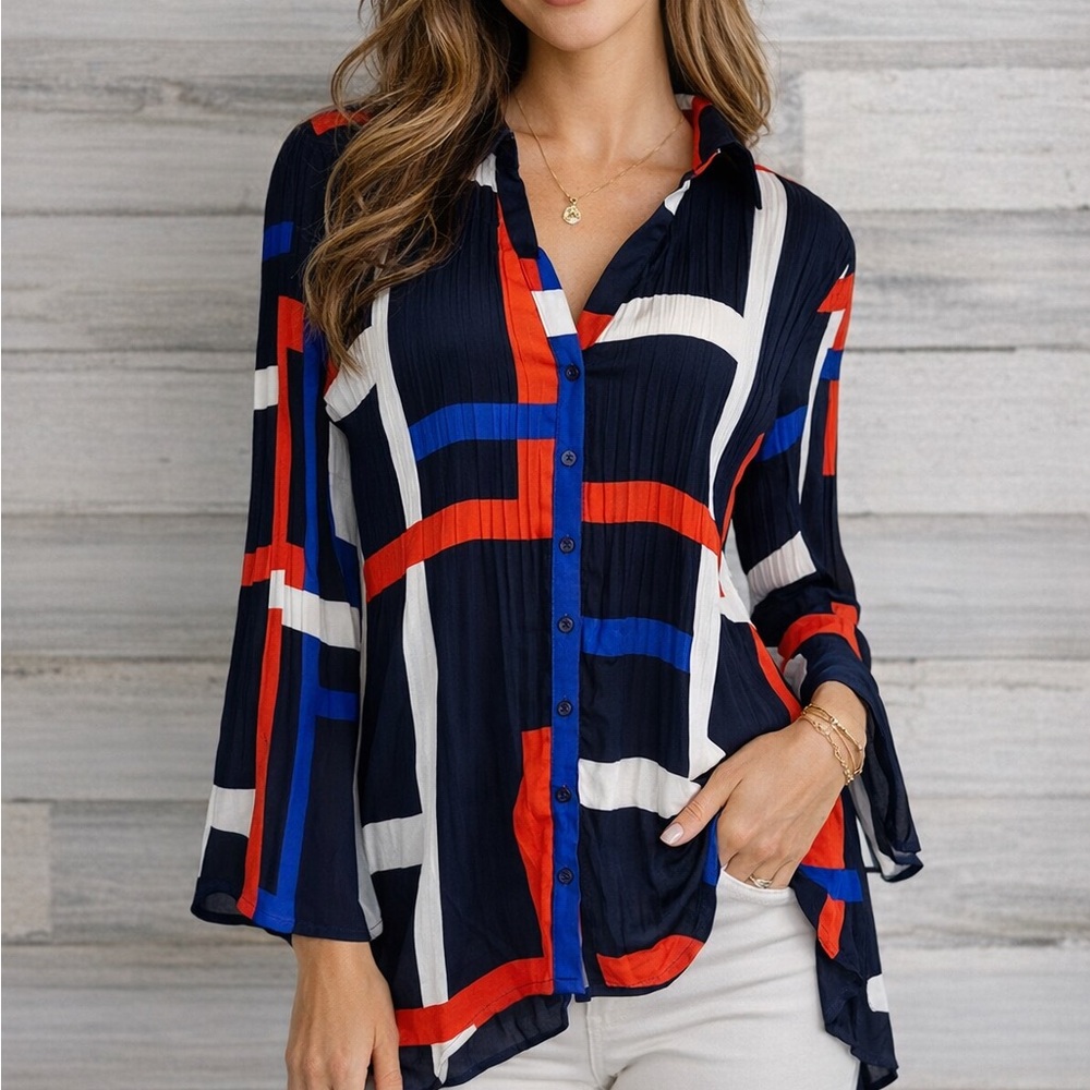 Valerie Stevens Crinkle Pleated Button Up Tunic Blouse Abstract Print Size M NWT